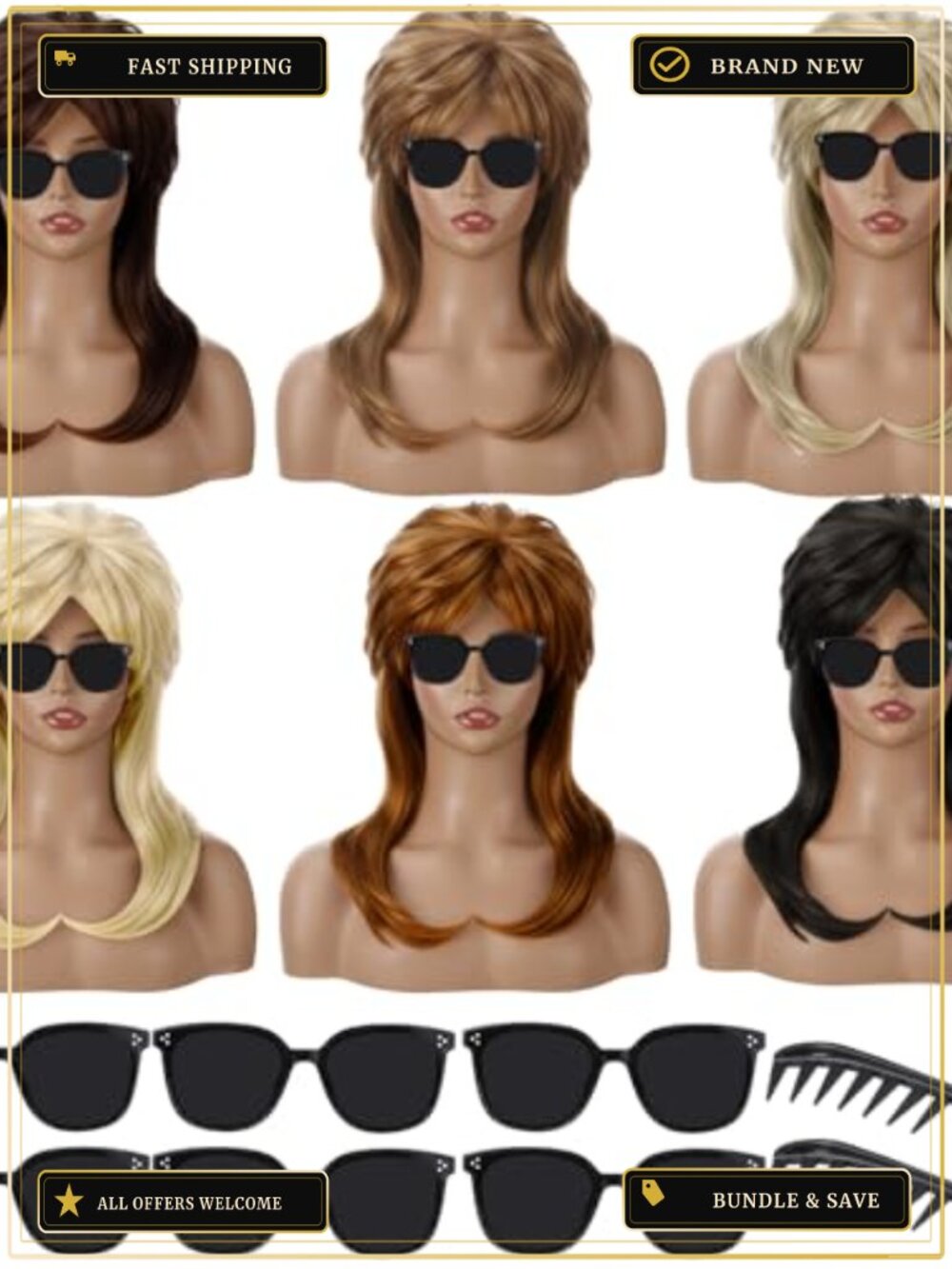 6pc Mullet Wigs Set Synthetic Hair 80s Halloween Cosplay